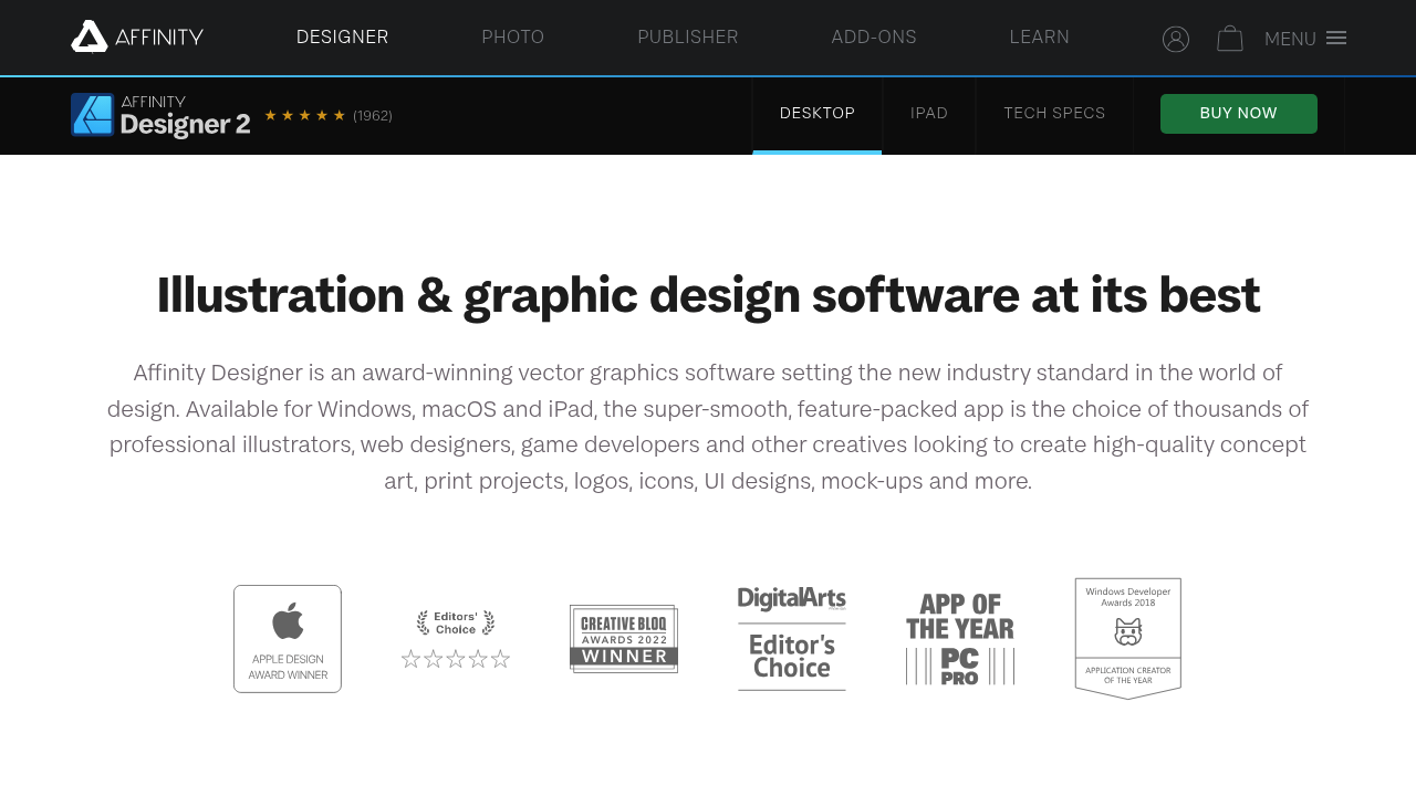Screenshot of Affinity Designer 2 website