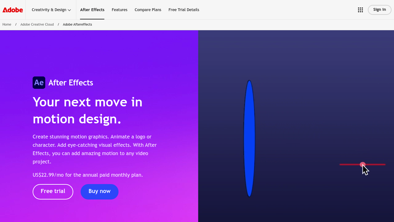 Screenshot of After Effects website
