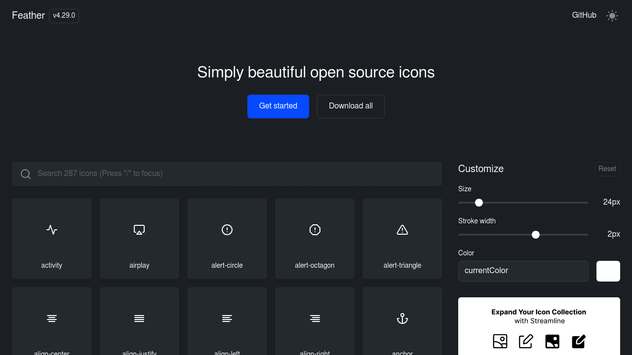 Screenshot of Feather website
