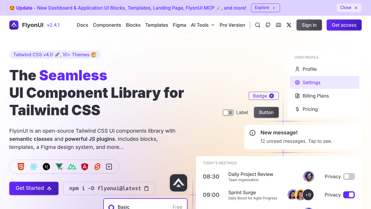 Screenshot of FlyonUI- Free Tailwind CSS component library website