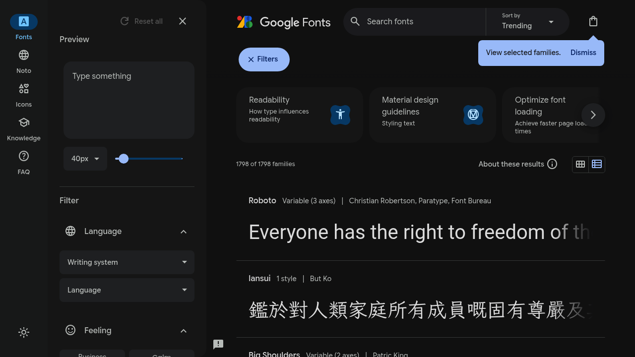 Screenshot of Google Fonts website