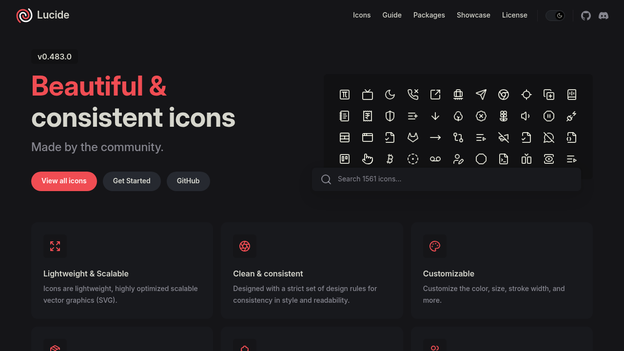 Screenshot of Lucide website
