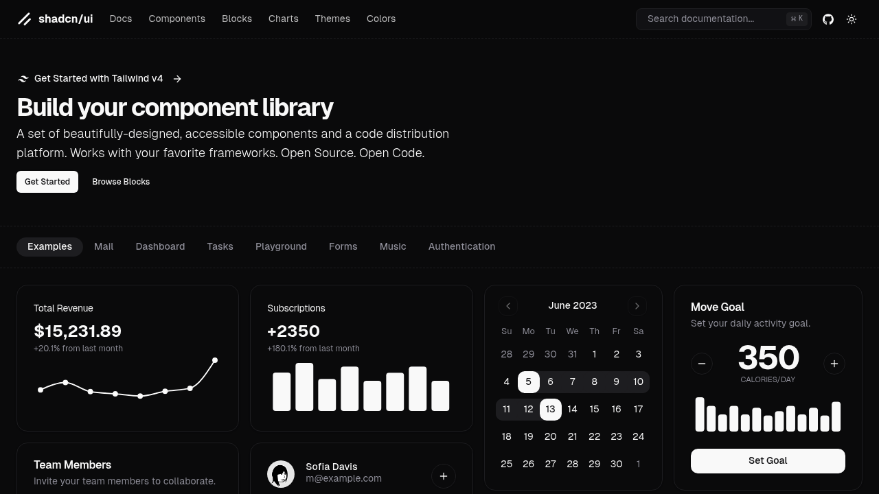Screenshot of Shadcn UI website